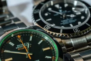 Two Rolex luxury watches pictured close up