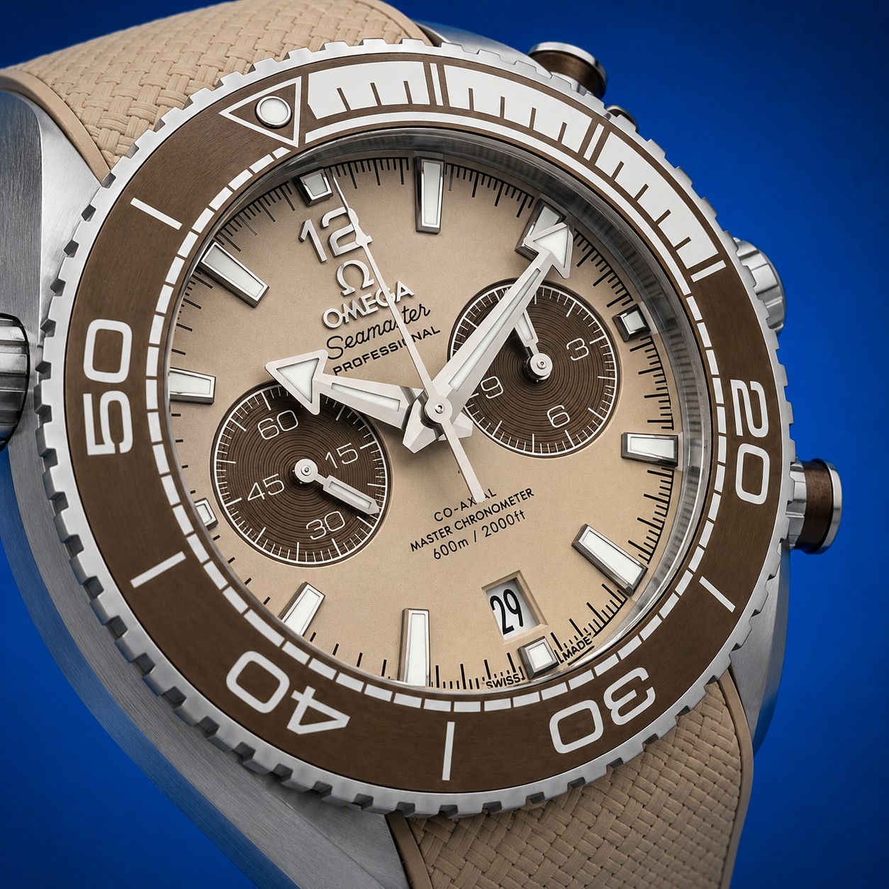 4 38 - Genco Timepieces OMEGA Seamaster Planet Ocean 600M Chronograph Reference 215.32.46.51.09.001 | Beige Dial | Brown Ceramic Bezel - Image 6