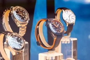 Four Omega luxury watches on display